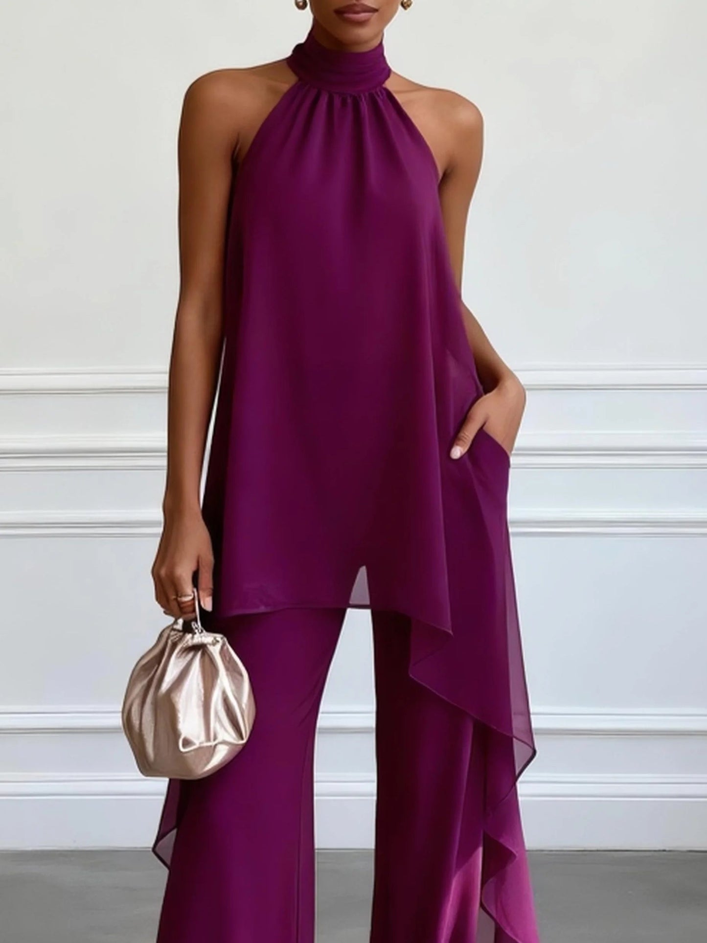 Sofia - Top viola senza maniche con scollo halterneck e pantaloni, set due pezzi
