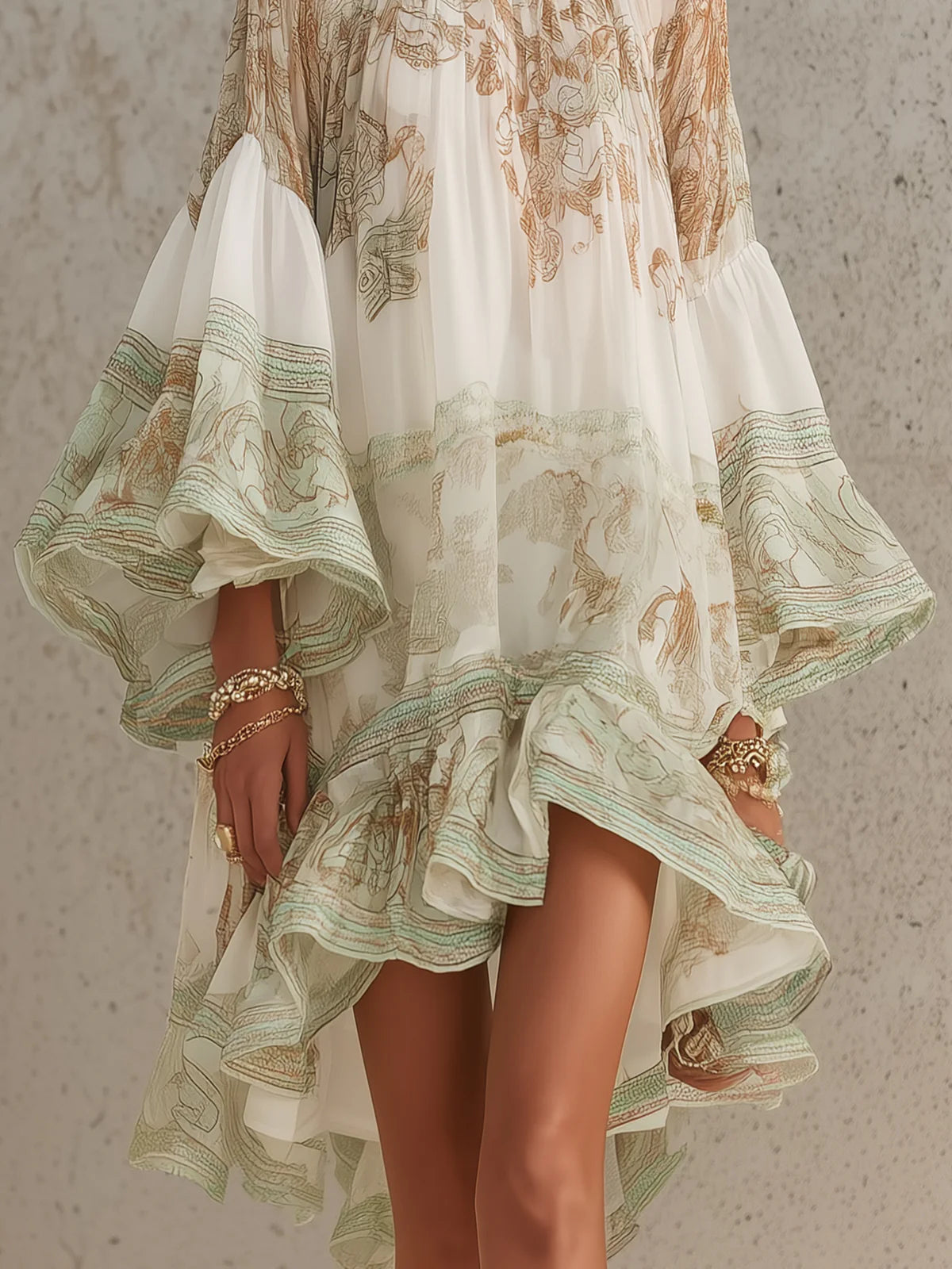 Ginevra - Vestito corto in chiffon con stampa verde, maniche a balze e orlo a volant.