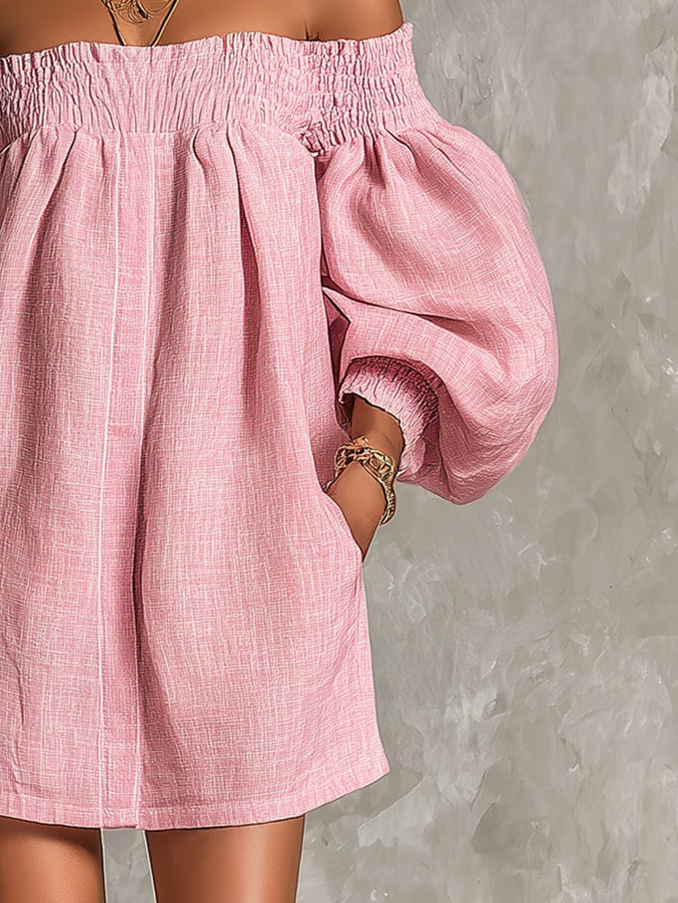 Rosa - Vestito mini rosa a spalle scoperte con maniche a lanterna e taglio a linea