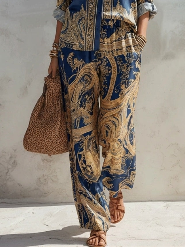 Luna - Set da due pezzi: camicia con stampa barocca blu navy e pantaloni a palazzo