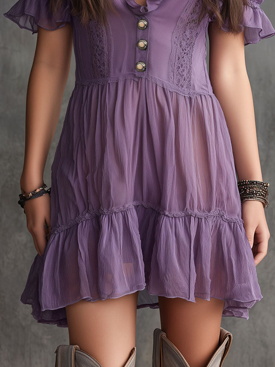 Sofia - Vestito mini in chiffon viola con maniche a sbuffo, volant e bottoni frontali
