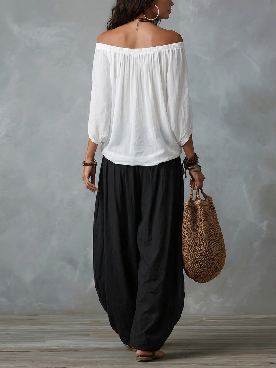 Viviana - Top bianco a spalle scoperte e pantaloni larghi a lanterna - set
