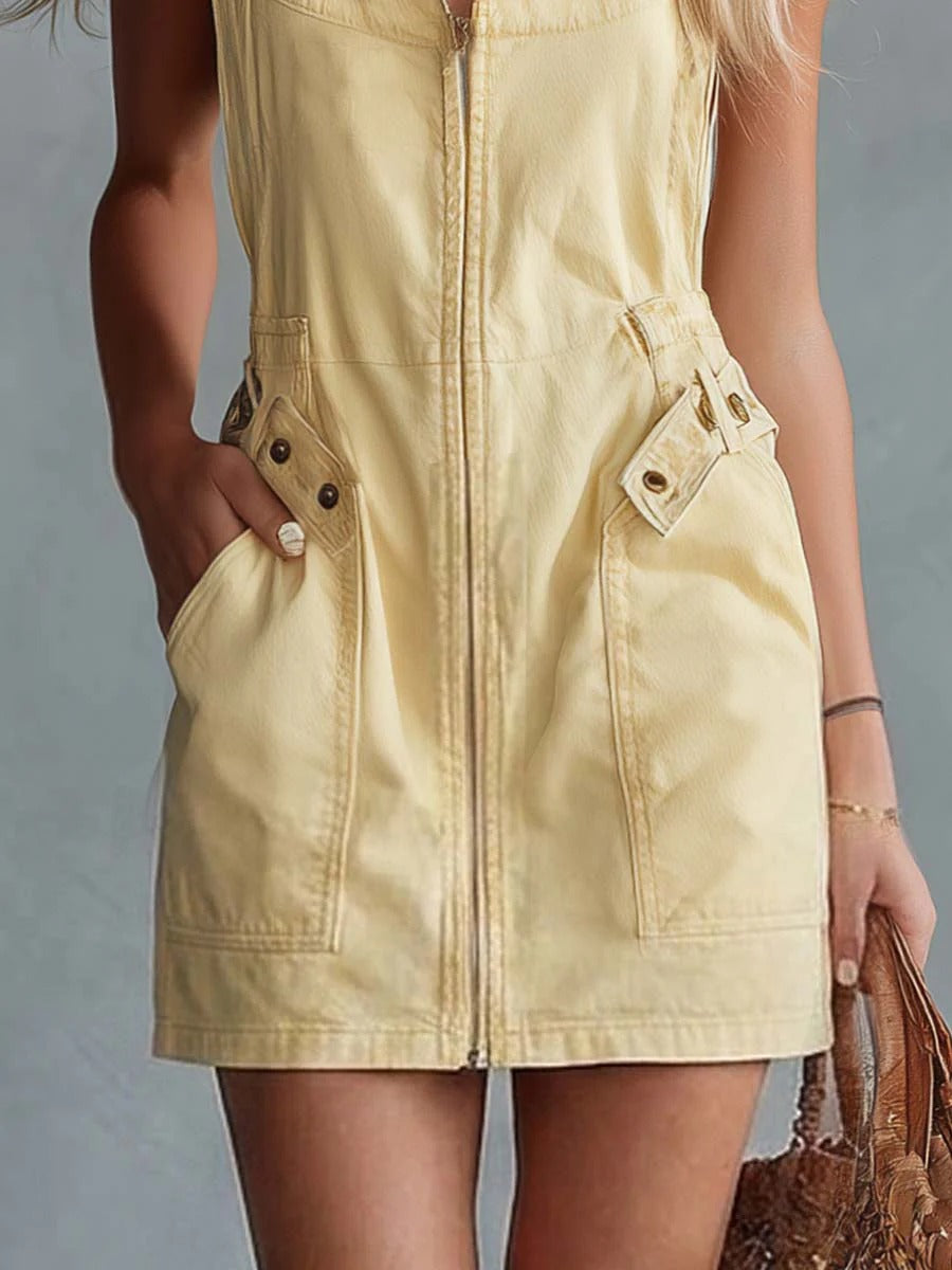 Camilla Mini - Mini abito in denim dal fascino rétro con scollo quadrato, zip frontale e spalline larghe