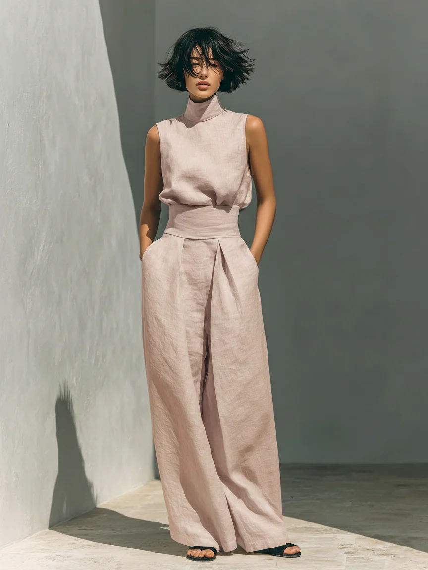 LUCIA | Completo da donna in misto cotone e lino dallo stile minimalista, composto da camicetta senza maniche e pantaloni a gamba larga.