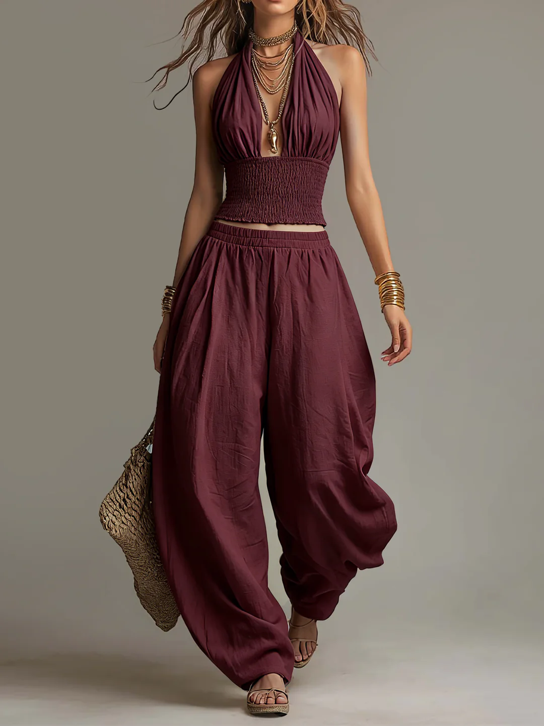 Rossi - Completo boho in cotone e lino a due pezzi con top corto arricciato all'americana e pantaloni harem.