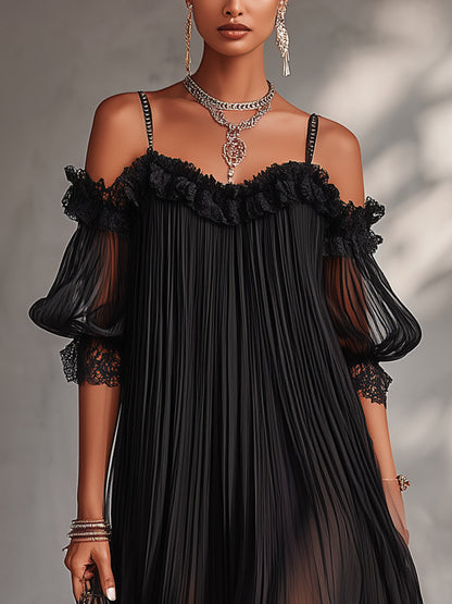 Greta - Vestito mini nero in chiffon con spalle scoperte e bordo in pizzo
