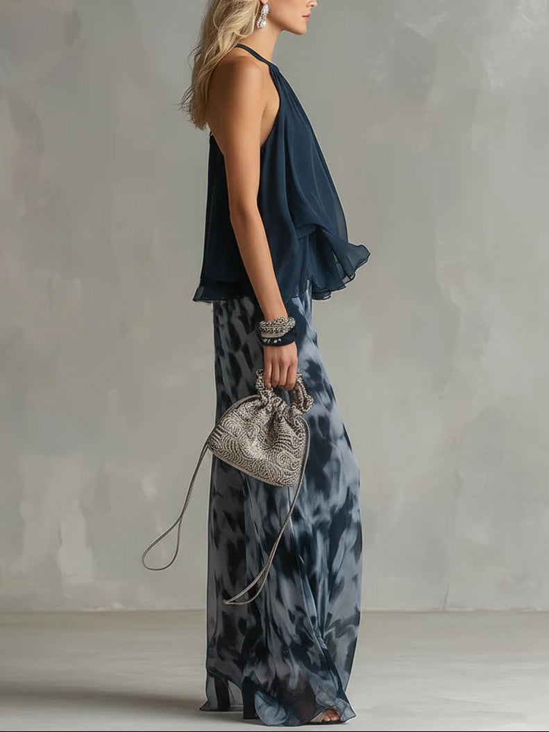 Tania - Top blu navy con scollo a halterneck e pantaloni palazzo stampati in chiffon - completo coordinato