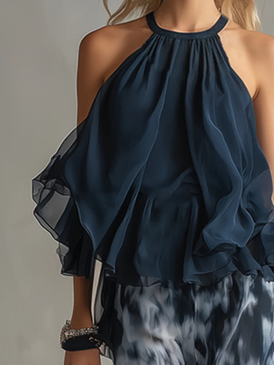 Tania - Top blu navy con scollo a halterneck e pantaloni palazzo stampati in chiffon - completo coordinato