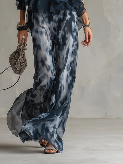 Tania - Top blu navy con scollo a halterneck e pantaloni palazzo stampati in chiffon - completo coordinato
