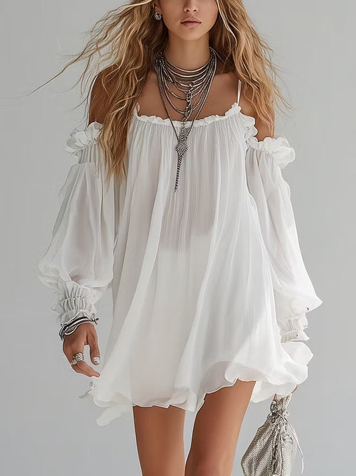Aurora - Abito corto in stile bohemiano fluido con spalle scoperte