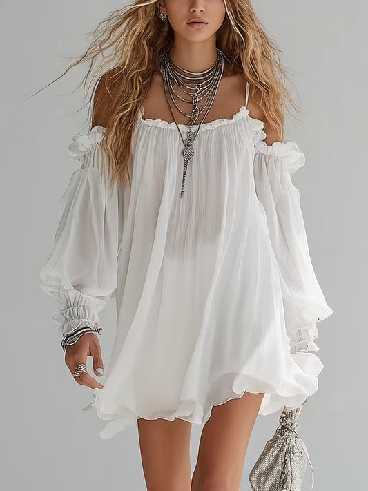 Aurora - Abito corto in stile bohemiano fluido con spalle scoperte