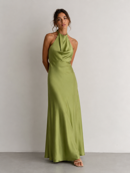 Flavia - Abito Lungo Satinato con Collo Halter e Drappeggio Elegante