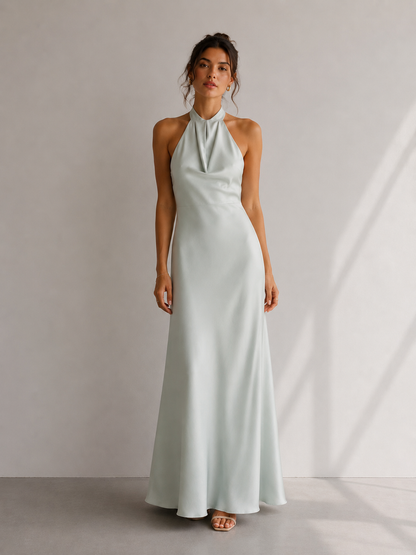 Flavia - Abito Lungo Satinato con Collo Halter e Drappeggio Elegante