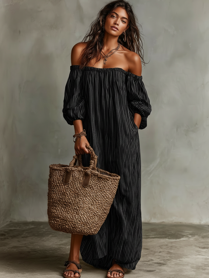 Aurelia - Abito maxi in misto cotone e lino con spalle scoperte