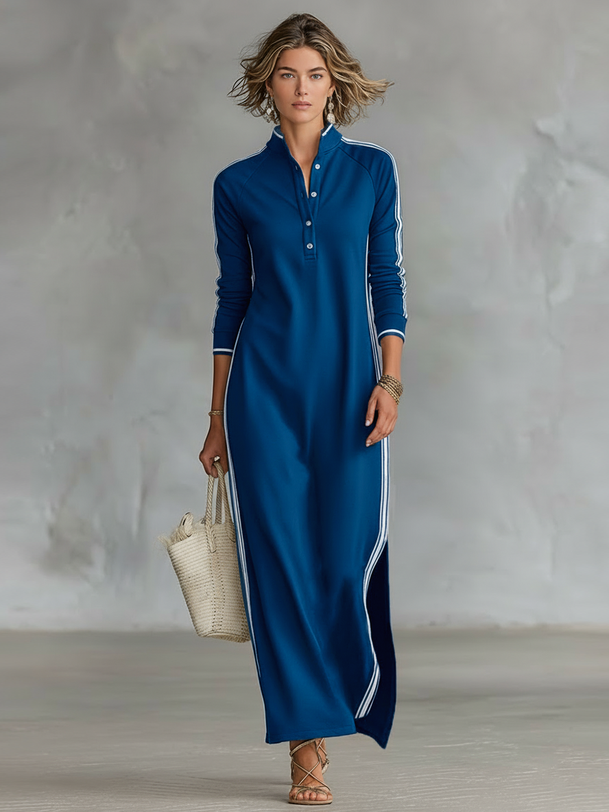 Fabiana - Abito maxi felpa con colletto a camicia e dettagli bianchi