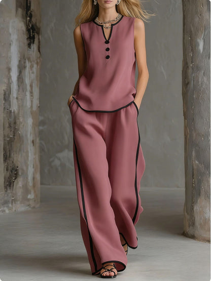 Moretti - Completo Elegance™ Due Pezzi con Top Senza Maniche e Pantaloni Palazzo a Contrasto