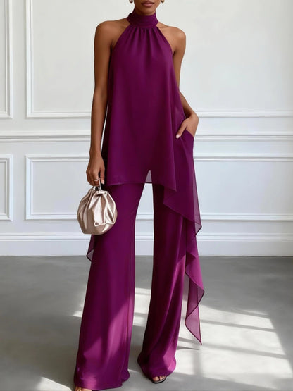 Sofia - Top viola senza maniche con scollo halterneck e pantaloni, set due pezzi
