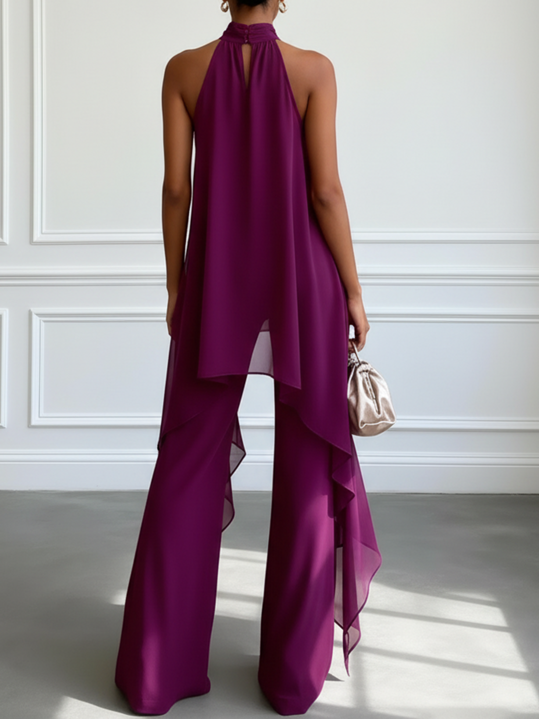 Sofia - Top viola senza maniche con scollo halterneck e pantaloni, set due pezzi
