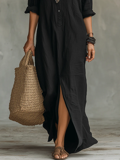 Alessia - Abito maxi nero morbido con bottoni
