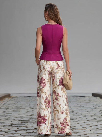 Flavia - Completo con gilet senza maniche rosa cipria e pantaloni palazzo a stampa floreale