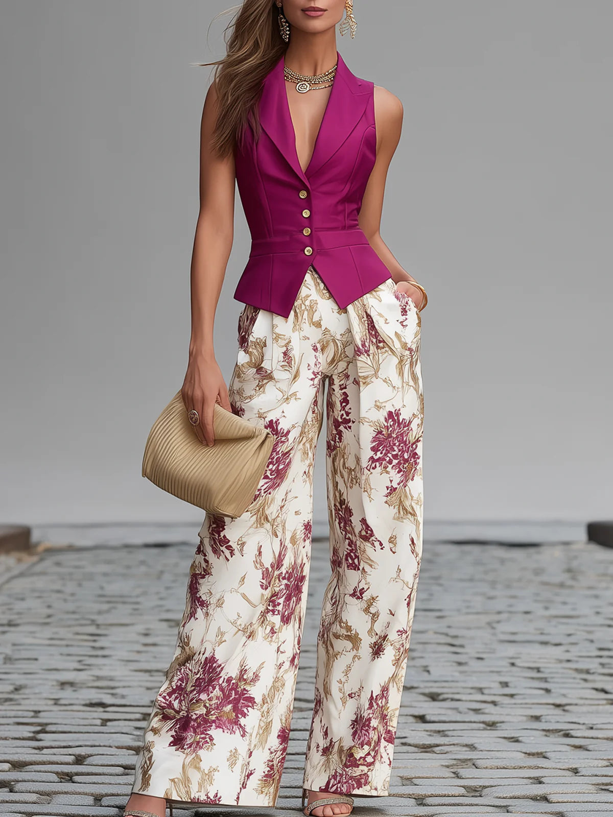 Flavia - Completo con gilet senza maniche rosa cipria e pantaloni palazzo a stampa floreale