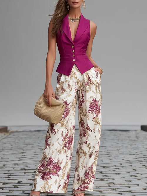 Flavia - Completo con gilet senza maniche rosa cipria e pantaloni palazzo a stampa floreale