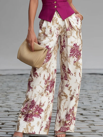 Flavia - Completo con gilet senza maniche rosa cipria e pantaloni palazzo a stampa floreale