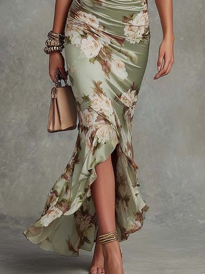 Greta - Abito Maxi Asimmetrico in Raso Floreale Verde