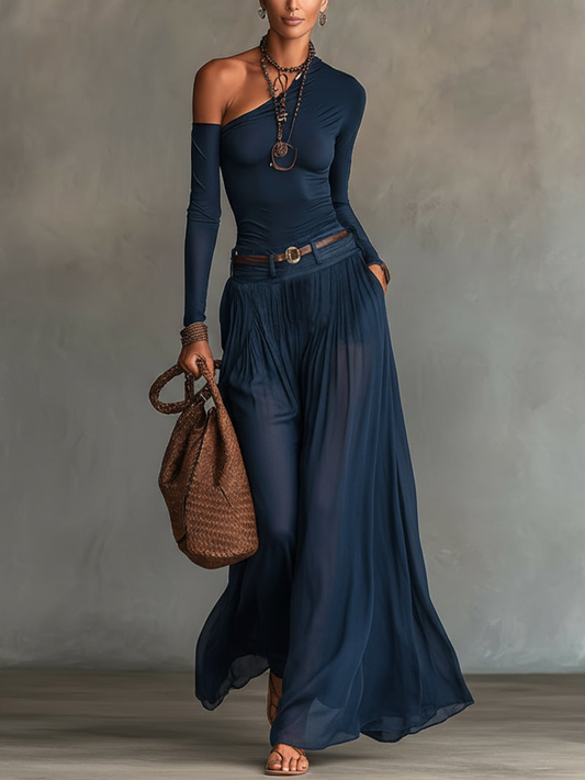 Allegra - Top a spalla unica blu navy e gonna in tulle trasparente, set due pezzi