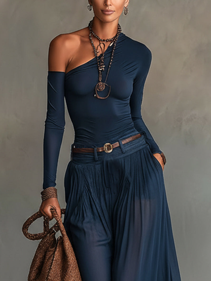 Allegra - Top a spalla unica blu navy e gonna in tulle trasparente, set due pezzi