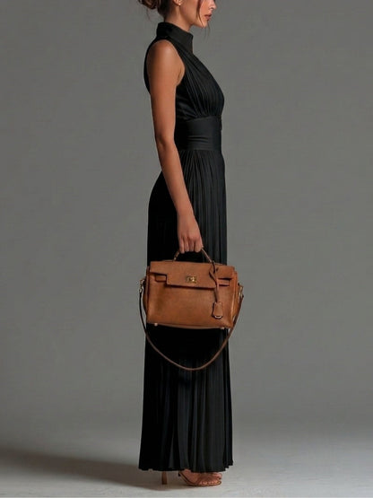 Gabriella - Tuta nera in chiffon con scollo a V, senza maniche, con zip, plissettata, a gamba ampia
