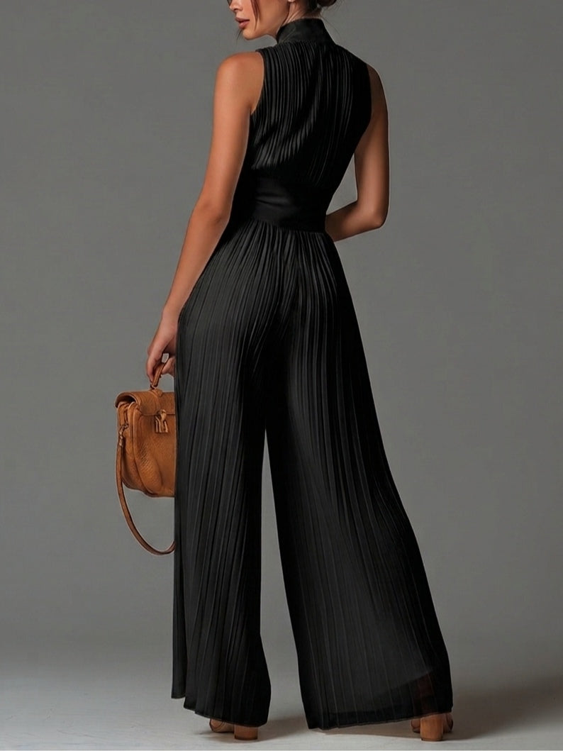 Gabriella - Tuta nera in chiffon con scollo a V, senza maniche, con zip, plissettata, a gamba ampia