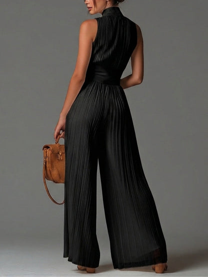 Gabriella - Tuta nera in chiffon con scollo a V, senza maniche, con zip, plissettata, a gamba ampia