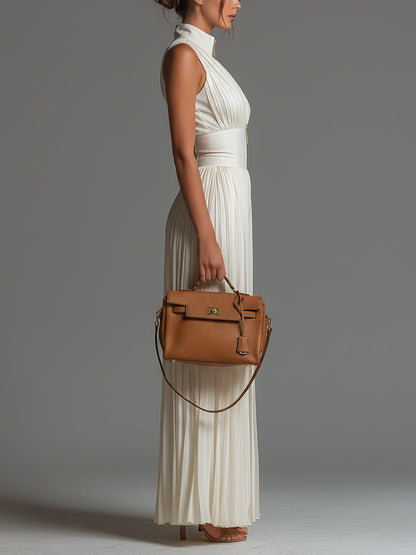 Evelina - Tuta in chiffon bianco con scollo a V, senza maniche, zip frontale, plissé, gamba ampia