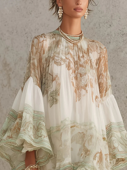 Ginevra - Vestito corto in chiffon con stampa verde, maniche a balze e orlo a volant.