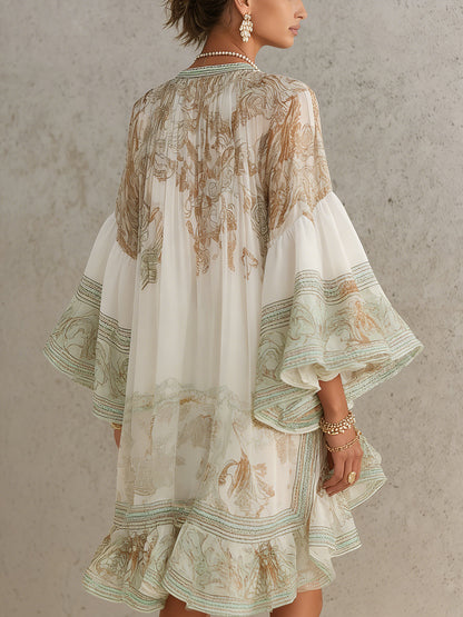 Ginevra - Vestito corto in chiffon con stampa verde, maniche a balze e orlo a volant.