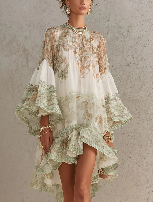 Ginevra - Vestito corto in chiffon con stampa verde, maniche a balze e orlo a volant.