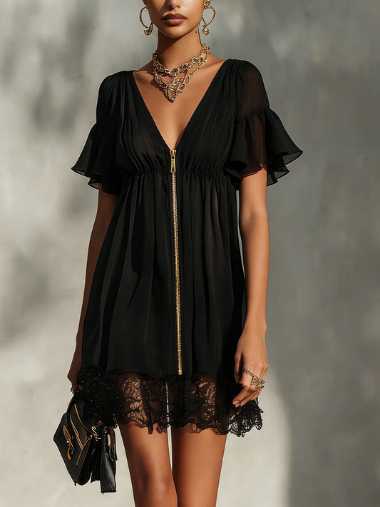 Beatrice - Vestito corto nero con zip, scollo a V, bordi in pizzo e balze