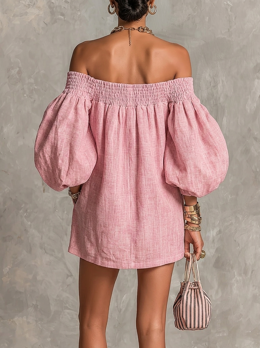 Rosa - Vestito mini rosa a spalle scoperte con maniche a lanterna e taglio a linea