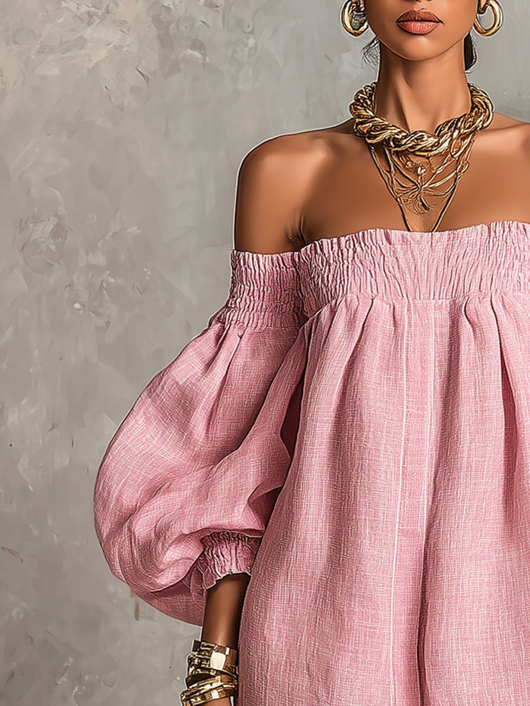 Rosa - Vestito mini rosa a spalle scoperte con maniche a lanterna e taglio a linea