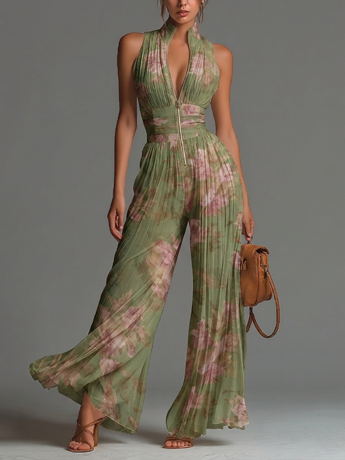 Celestina - Tuta floreale in chiffon con scollo a V