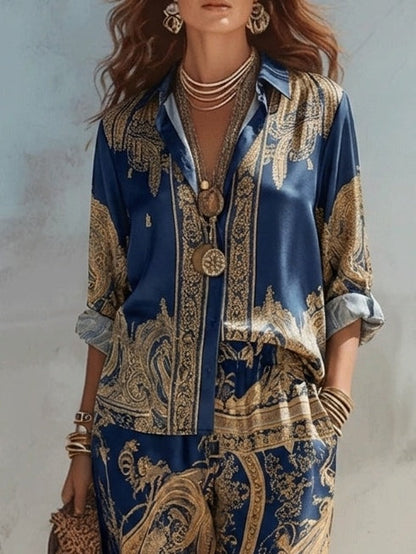 Luna - Set da due pezzi: camicia con stampa barocca blu navy e pantaloni a palazzo