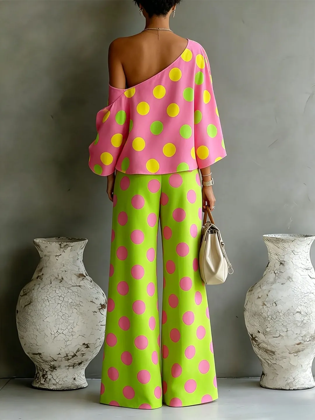 Elettra - Top a spalle scoperte a pois colorati e pantaloni a palazzo, set due pezzi