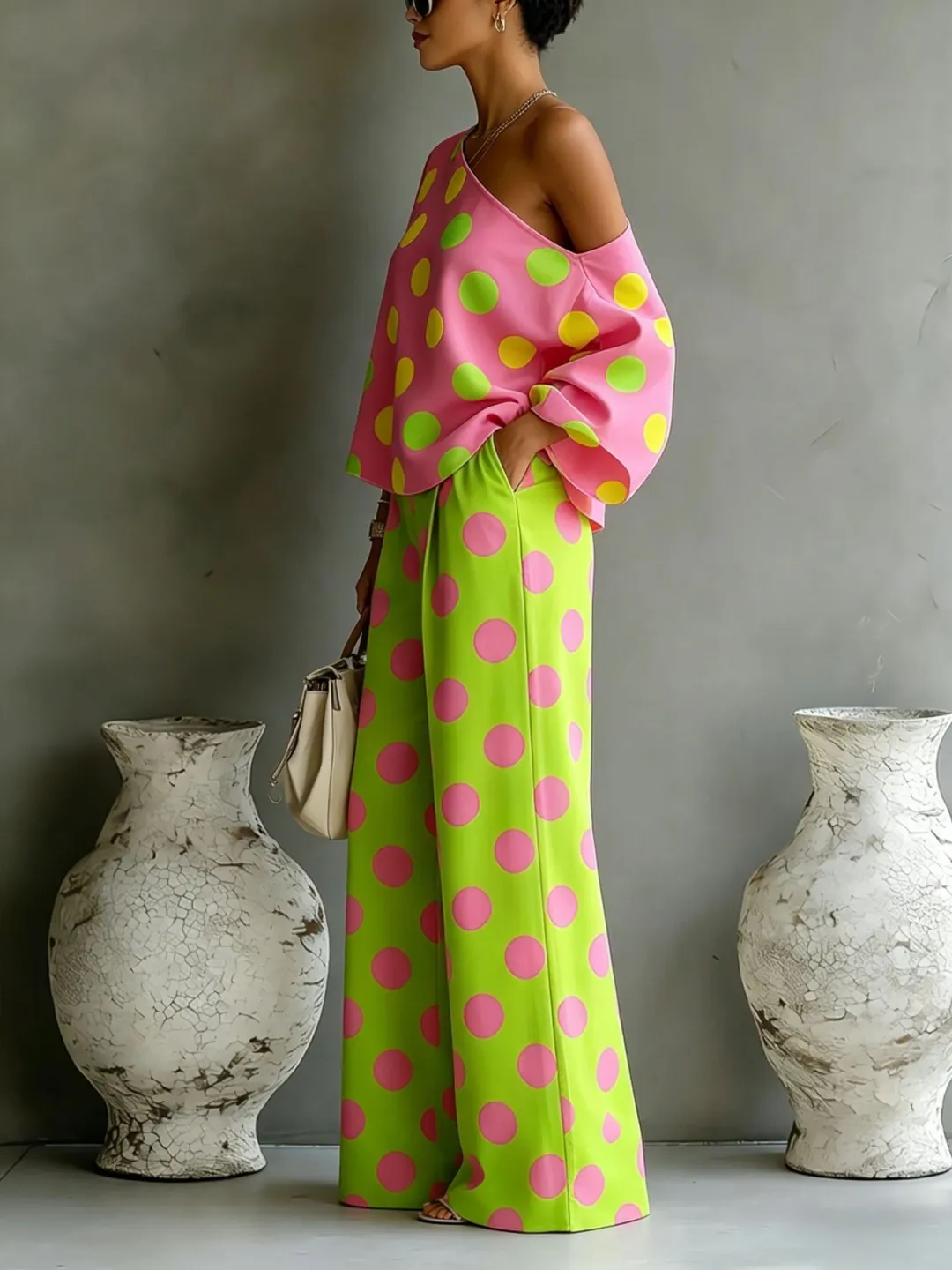Elettra - Top a spalle scoperte a pois colorati e pantaloni a palazzo, set due pezzi