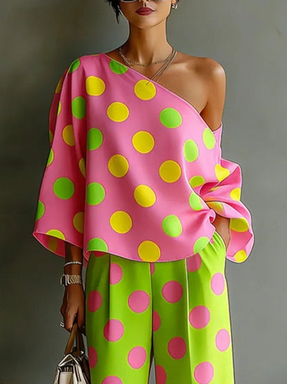 Elettra - Top a spalle scoperte a pois colorati e pantaloni a palazzo, set due pezzi