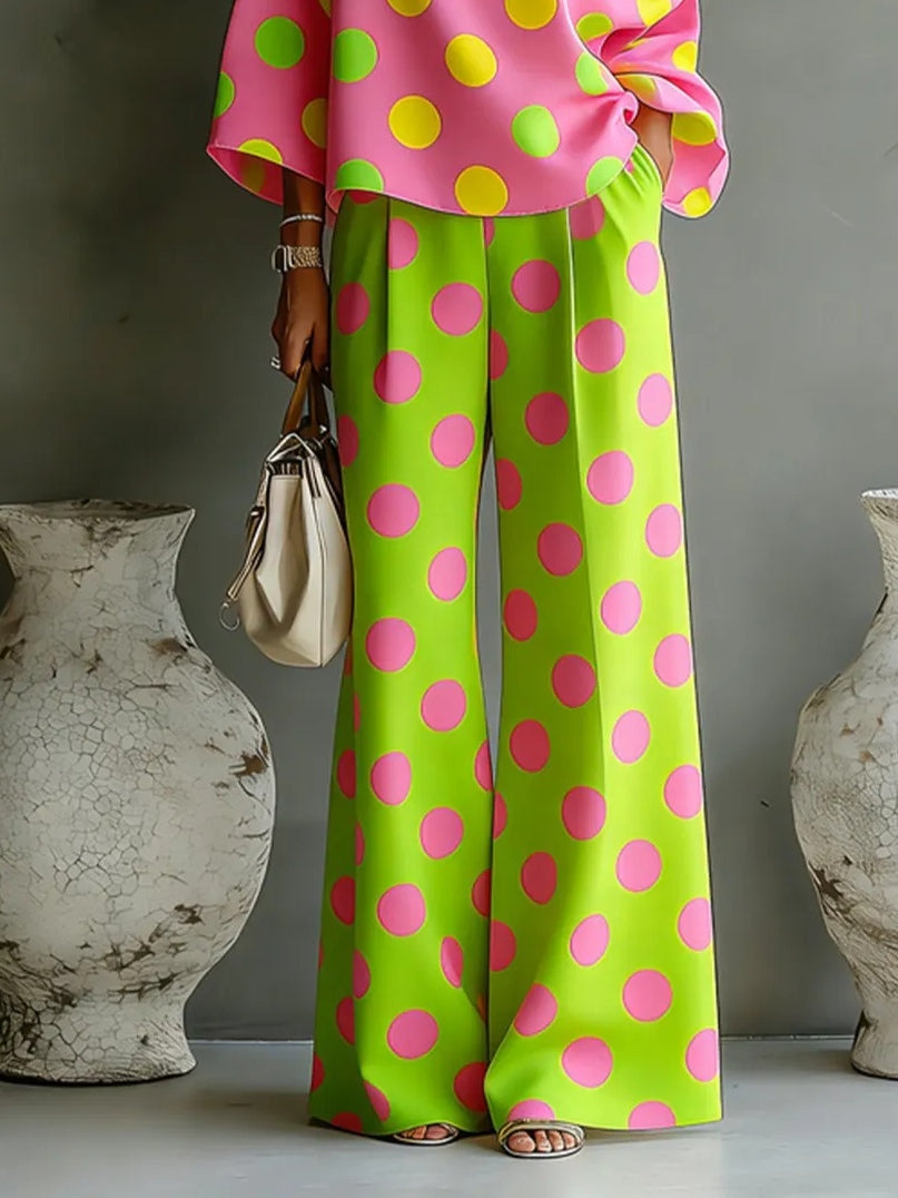Elettra - Top a spalle scoperte a pois colorati e pantaloni a palazzo, set due pezzi