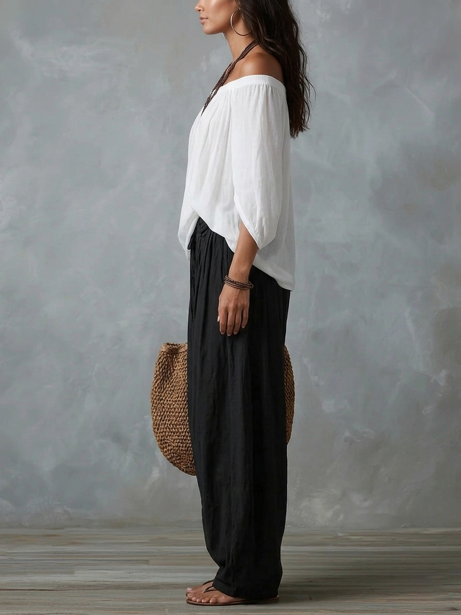 Viviana - Top bianco a spalle scoperte e pantaloni larghi a lanterna - set