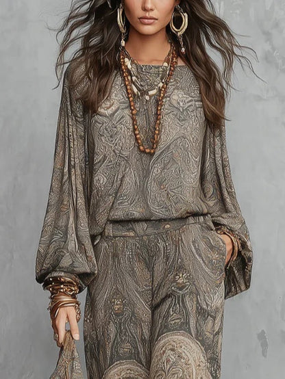 Narcisa - Completo con top grigio a maniche a lanterna con motivo paisley e pantaloni a gamba ampia