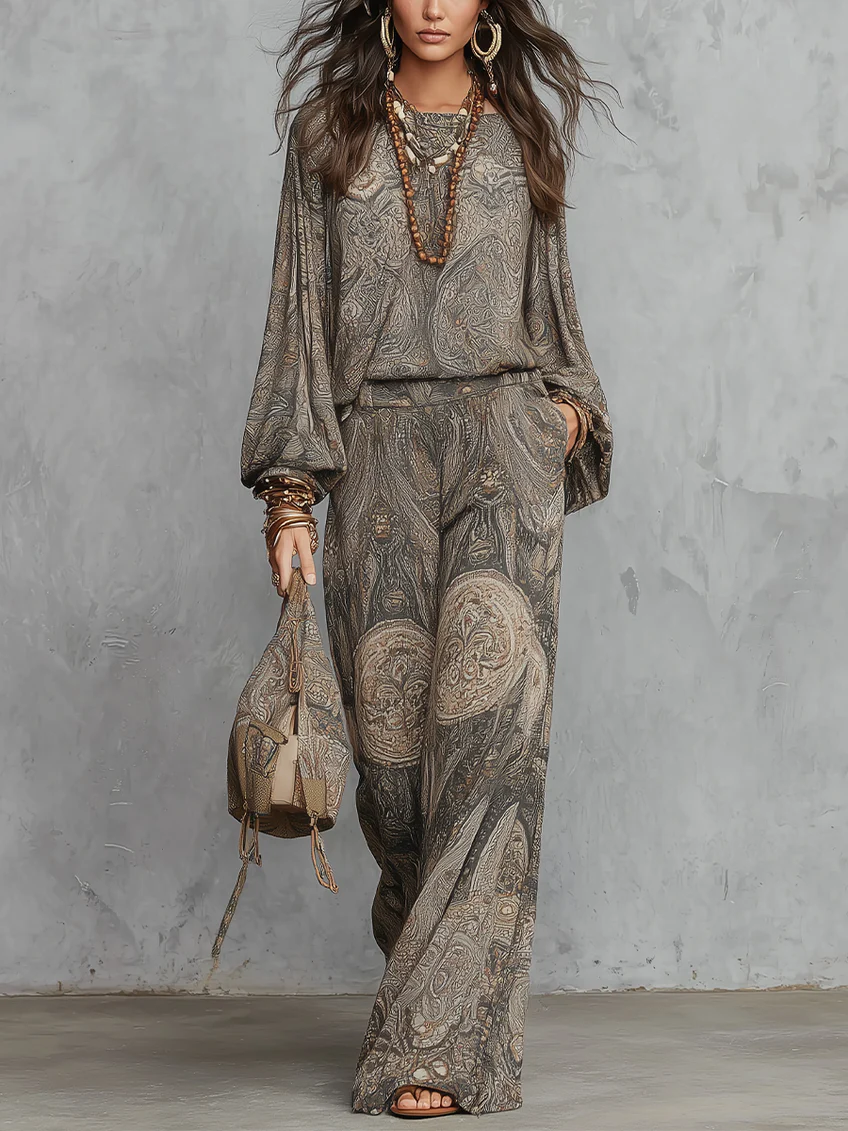 Narcisa - Completo con top grigio a maniche a lanterna con motivo paisley e pantaloni a gamba ampia