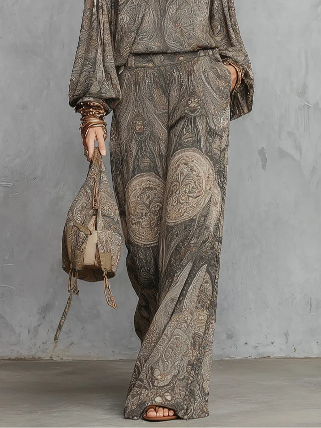 Narcisa - Completo con top grigio a maniche a lanterna con motivo paisley e pantaloni a gamba ampia